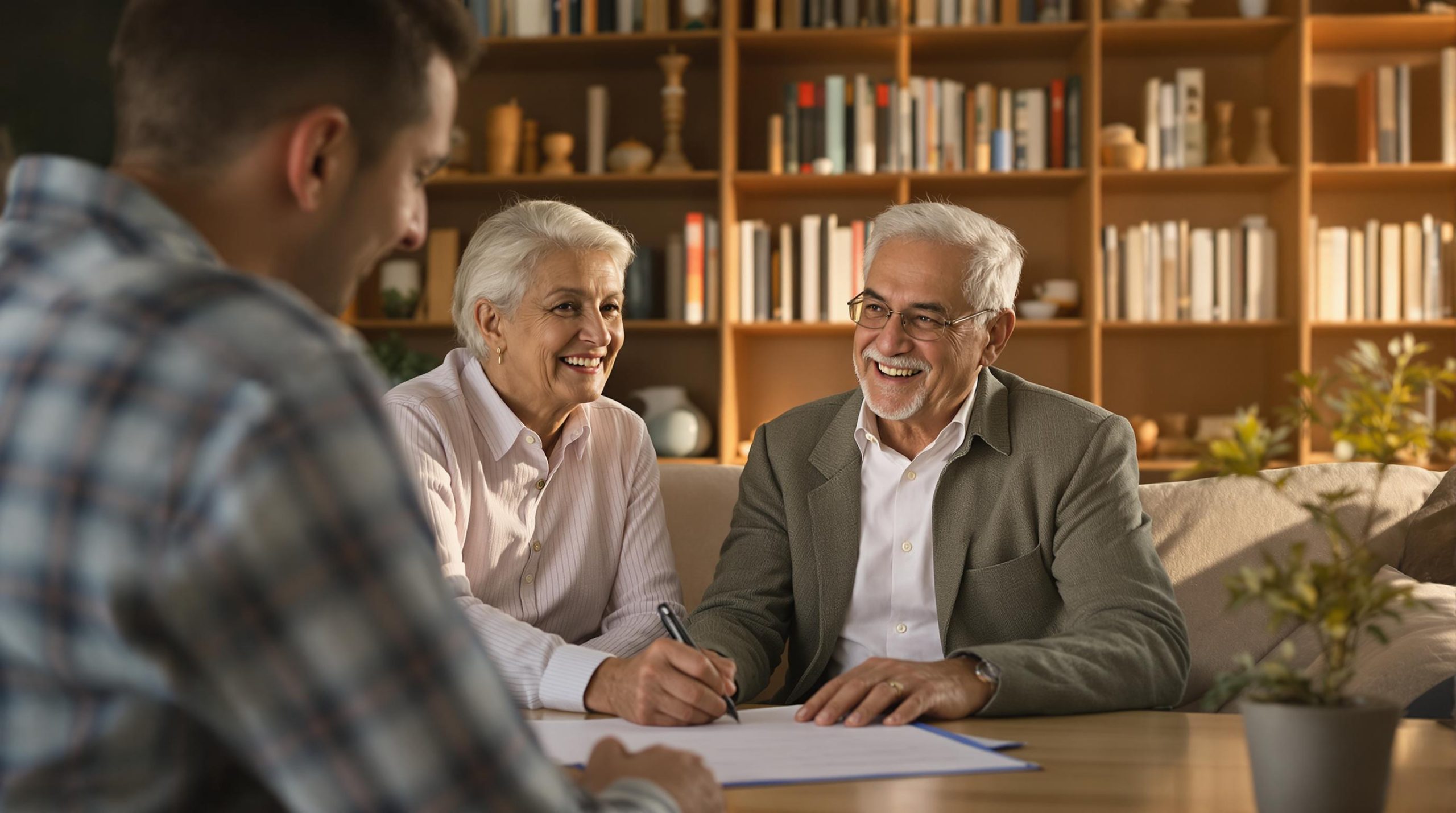 Elderly couple signing a document with a younger man.