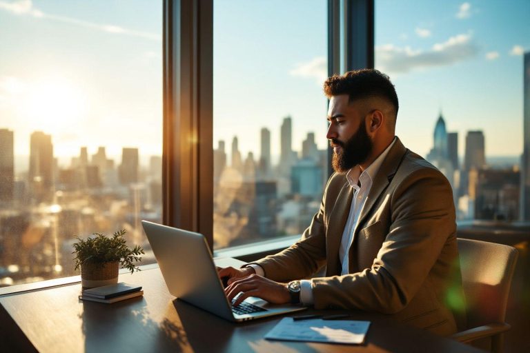 Homme d'affaires travaillant sur ordinateur près de la fenêtre