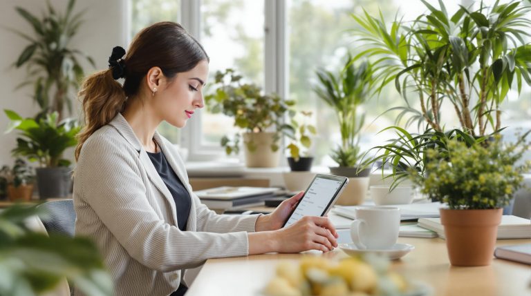 Woman using tablet at desk with plants