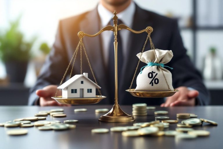 Balance montrant une maison et un sac d'argent avec un pourcentage