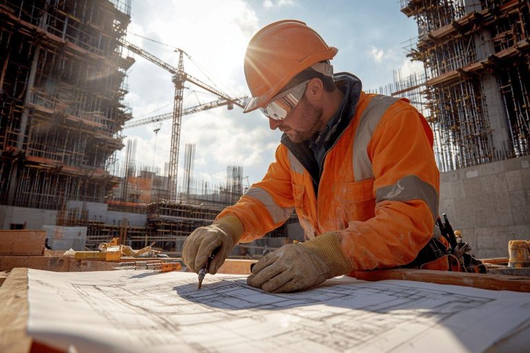 Constructeur en gilet orange examinant des plans sur un chantier