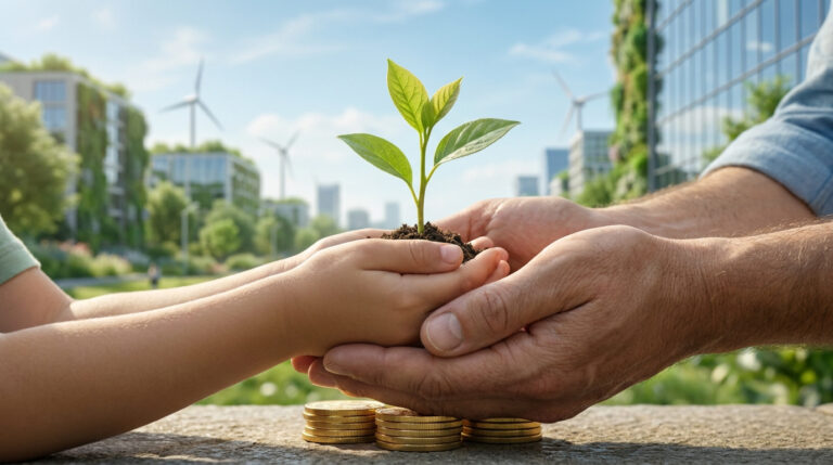 Mains d'adulte et d'enfant tenant une jeune pousse au-dessus de pièces de monnaie, avec une ville durable en arrière-plan.