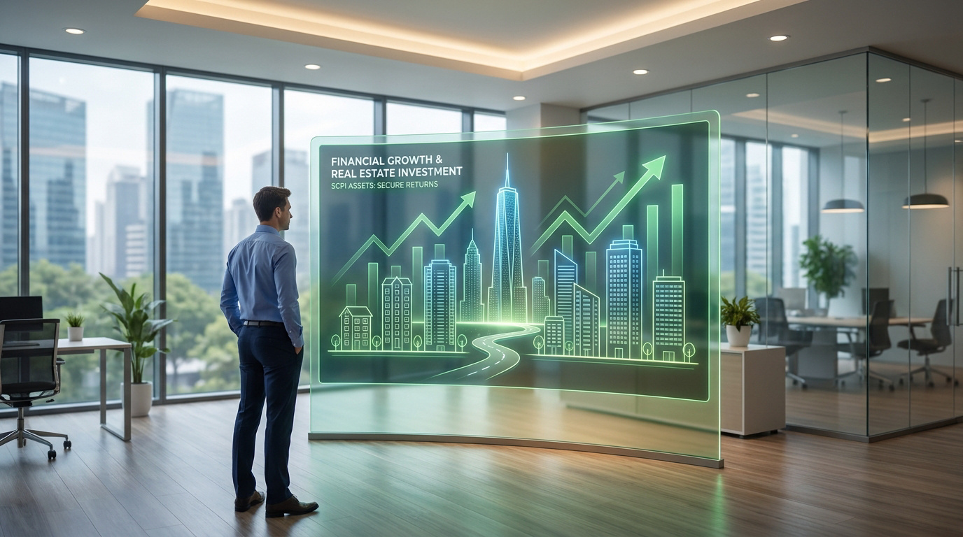 Un homme d'affaires regarde un écran holographique affichant des graphiques de croissance immobilière dans un bureau.