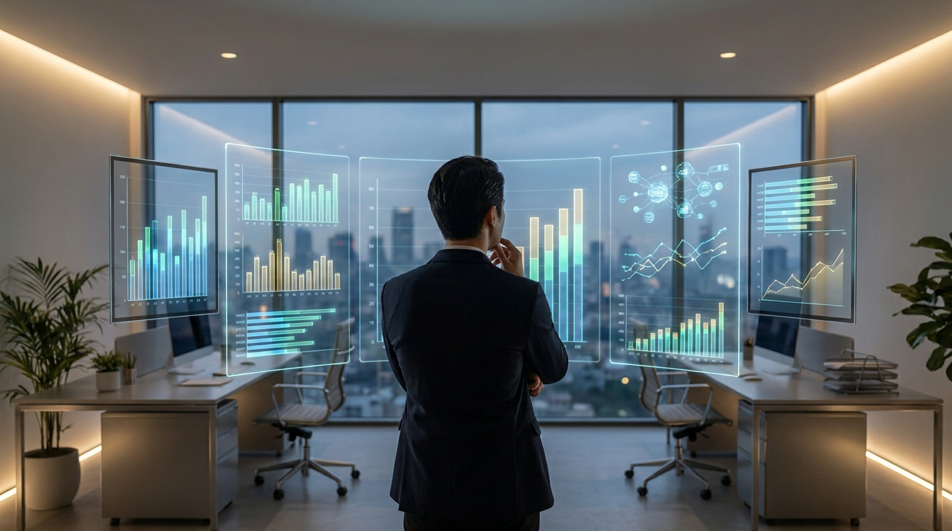 Un homme d'affaires regarde des graphiques financiers holographiques devant une vue urbaine dans un bureau moderne.