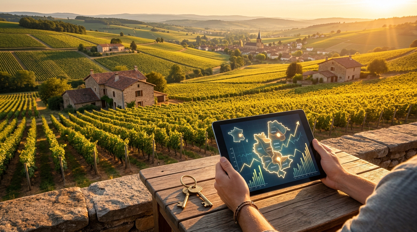 Mains tenant une tablette affichant des données immobilières devant un vignoble du Beaujolais au coucher du soleil.