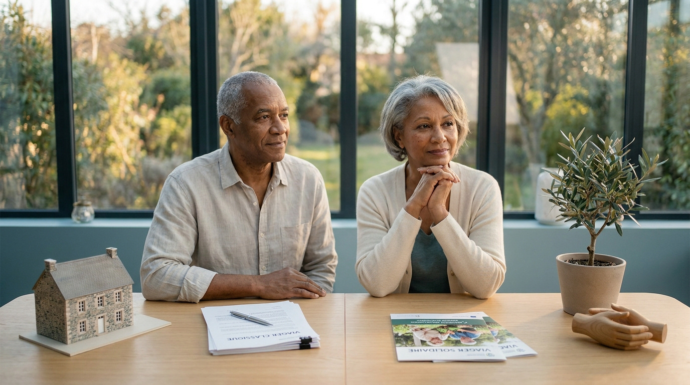Couple de seniors assis à une table avec une maquette de maison et des documents sur le viager.