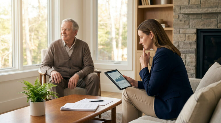 Une conseillère présente des données financières sur tablette à un homme âgé assis dans un salon lumineux.