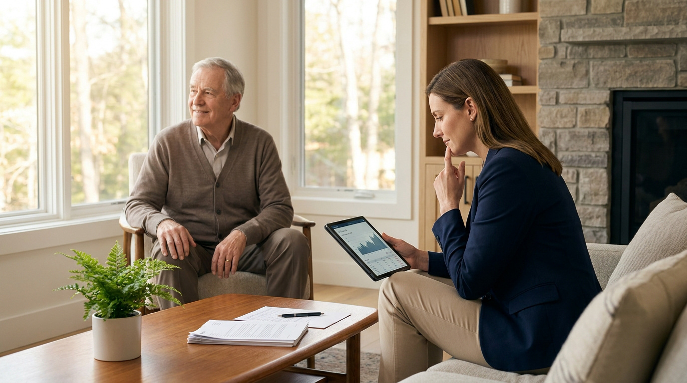 Une conseillère présente des données financières sur tablette à un homme âgé assis dans un salon lumineux.